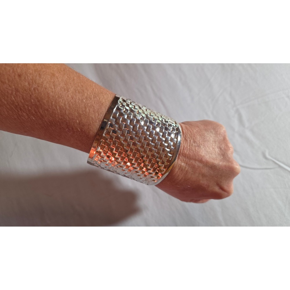Silver Tone Woven Basketweave Wide Cuff Statement Bracelet 2 Inch Width